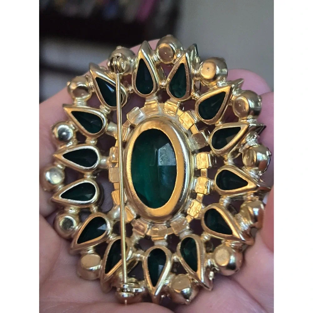 Green Brooch Rhinestone Statement Brooch Vintage Goldtone Mid-Century